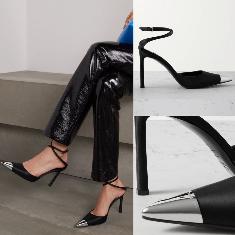 New Sergio Rossi x AREA Black Embellished Satin Metal Silver Pointed Toe Pump